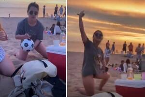 La joven pinchó la pelota y se llevó los aplausos de sus amigas y varias personas de la playa