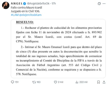 La justicia intimó a Mauro Icardi (Foto: X @AngeldebritoOk)