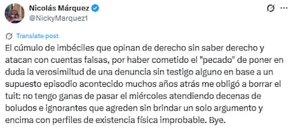 La justificación de Nicolás Márquez tras la eliminación del tuit (Fuente: @NickyMarquez1)
