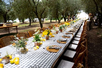 La larga mesa dispuesta en Pueblo Edén, decorada por las hermanas Caradonti con un mantel cuadrillé, platos de sitio de rafia, limones y damasquinas.