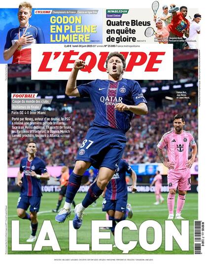 "La lección", tituló L'Equipe, en una portada en la que se ve a Messi con gesto resignado