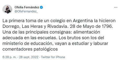 La legisladora porteña Ofelia Fernández recordó en Twitter la primera "toma" de colegios de la historia argentina