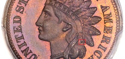 La letra “L” en la cinta se puede observar junto a la última pluma del tocado