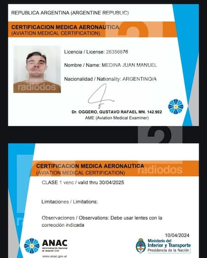 La licencia de Medina para pilotar.