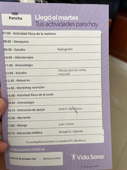 La lista de actividades de Pancho Dotto en el Centro Adventista de Vida Sana