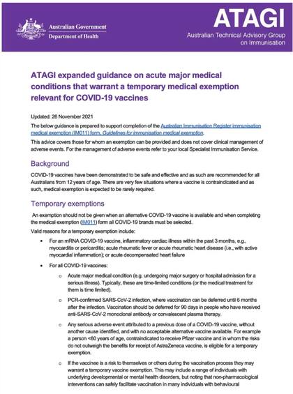 La lista de exenciones médicas del Gobierno australiano.