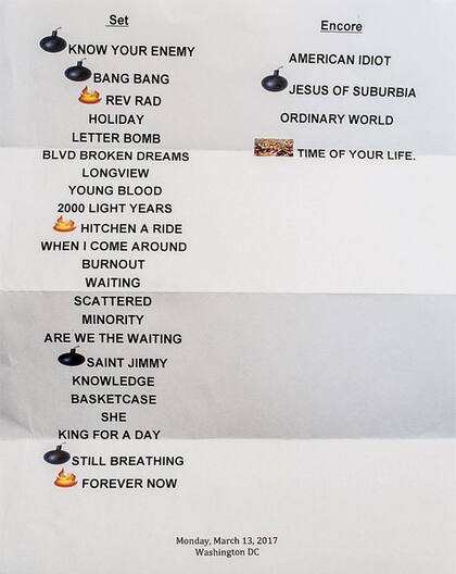 La lista que Green Day hizo en Washington en marzo