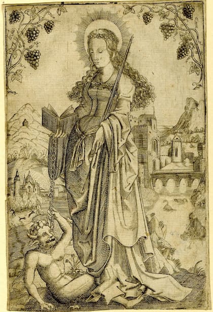 La llamaban "la mata-demonios" y tradicionalmente se la retrata con un demonio encadenado a sus pies. (Grabado 1500-1550)