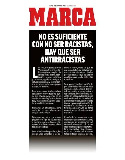 La llamativa portada del diario español Marca sobre el caso Vinicius