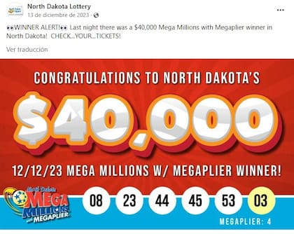 La lotería de Dakota del Norte celebró al boleto ganador; hasta ahora el premio no ha sido reclamado