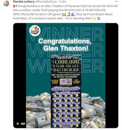 La Lotería de Florida celebró al ganador en sus redes sociales