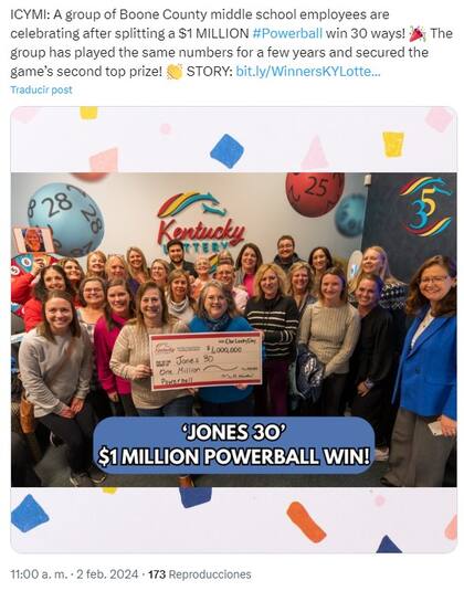 La lotería de Kentucky celebró al grupo de ganadores en sus redes sociales