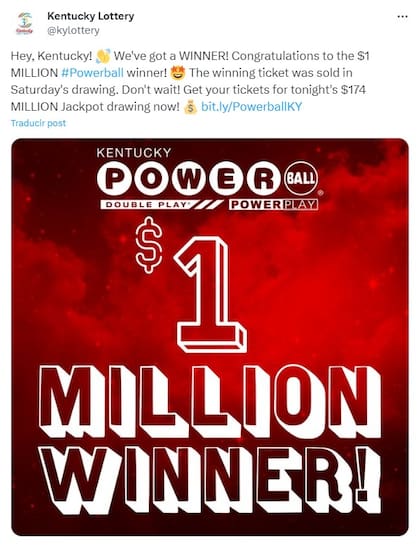 La lotería de Kentucky celebró en sus redes sociales al ganador de US$1 millón en el sorteo de Powerball