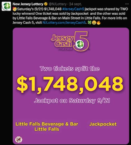 La Lotería de Nueva Jersey anunció a los dos ganadores del premio dividido de US$1.748.048