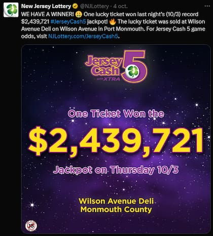 La Lotería de Nueva Jersey anunció al ganador vía X (ex Twitter)