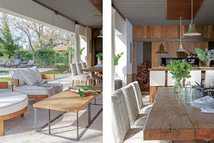 La madera y la chapa de cobre crean un efecto envolvente que le cambia totalmente la temperatura a la galería con piso de Travertilit y techo blanco.