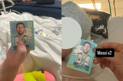 La mano de Bastián sosteniendo dos figuritas de Lionel Messi, imagen que compartió su mamá en redes sociales mientras el niño continúa con su recuperación y busca completar el álbum del Mundial 2026