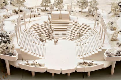 La maqueta del anfiteatro principal de Little Island, el nuevo parque flotante sobre el Río Hudson