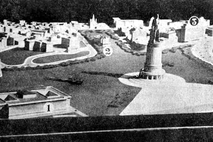 La maqueta panorámica del monumento: 1 es la Facultad de Derecho; 2, la residencia presidencial y 3, el edificio del Automóvil Club Argentino