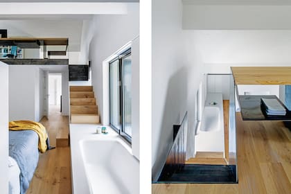 La materialidad de la escalera se transforma en estructura y superficie del escritorio, que hace también de baranda. ¿Algo más? Sí, el bajoescalera oculta un placard.