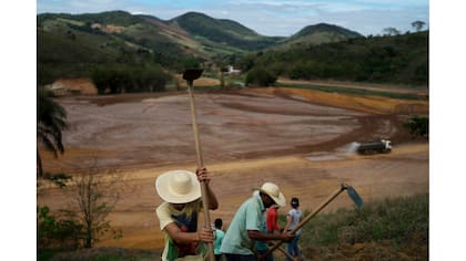 Empleado preparan una pendiente para prevenir la erocion que podrían ser causada por la lluvia esperada para esta época del año a lo largo del río Doce, Gesteira, Brasil