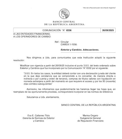 La medida se oficializó a través de la Comunicación “A” 8336 del Banco Central