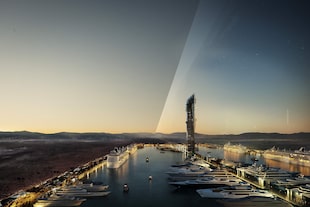 La megaciudad futurista contará con dos enormes rascacielos revestidos de espejos que se extienden hacia el desierto.