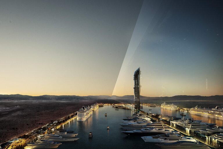 La megaciudad futurista contará con dos enormes rascacielos revestidos de espejos que se extienden hacia el desierto.
