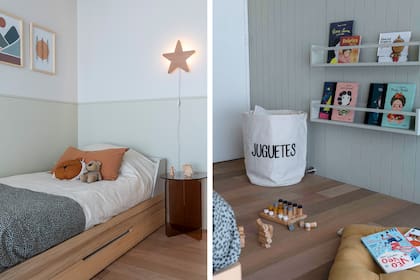 La mesa de luz de acrílico (Ries) es una elección particular para el cuarto infantil. Aplique estrella de Festival. Cama (Ukele) con sábanas en tonos neutros (Philomena) y pie de Luna Oaks.