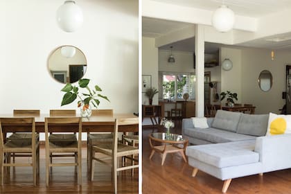 La mesa del comedor es herencia familiar y las sillas son de Pasto Home. El gran ambiente que arman living, comedor y cocina. El sillón en L y la mesa ratona son de Laboratorio de Objetos.