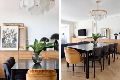 La mesa (diseño de Paulo Valcic) es de roble negro y se lleva de maravillas con el parquet de roble claro estilo Chevron.