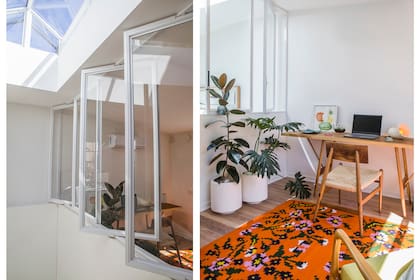 La mesa y la silla de líneas simples (La Base Studio) se acompañaron con una alfombra floreada (Elementos Argentinos).