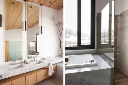 La mesada del baño y el revestimiento del jacuzzi son de mármol de Carrara; el bajomesada “flotante”, de lenga.