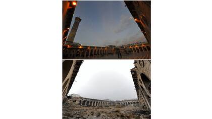 La mezquita de Umayyad antes de que fuera dañada el 12 de marzo de 2009 (tapa) y el 13 de diciembre de 2016