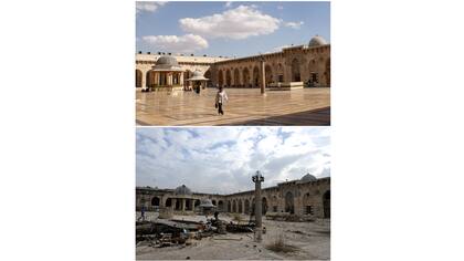 La Mezquita Umayyad, antes de que fuera dañada el 6 de octubre de 2010 (arriba) y después el 17 de diciembre de 2016