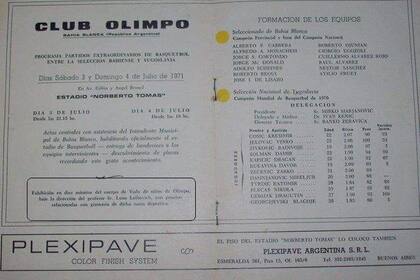 La mini revista que se imprimió por la inauguración de la cancha de Olimpo con las formaciones de Bahía Blanca y Yugoslavia; aunque se anunciaba a Atilio Fruet, no jugó por una lesión