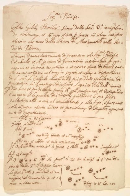 La mitad superior del manuscrito contendría el borrador de una carta que acompaña a la presentación oficial de Galileo de un telescopio construido recientemente en Venecia, en 1609. La mitad inferior incluye notas sobre las observaciones telescópicas