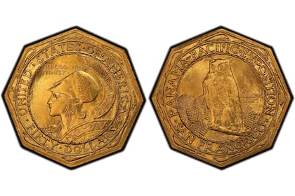 La moneda 1915 S Octogonal Panamá-Pacífico muestra un busto de perfil de Minerva, diosa romana de la sabiduría, la habilidad y la agricultura, entre otras cosas (Professional Coin Grading Service)