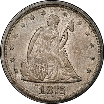 La moneda 20 centavos de 1875-S se caracteriza por tener la figura de Libertad de Gobrecht sentada sobre una roca