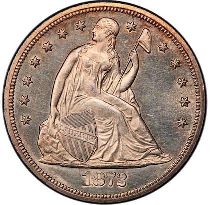 La moneda de 1872 lleva la caracteristica imagen de la Libertad sentada