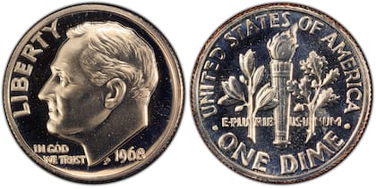 La moneda de 1968 carece de la marca de ceca debido a un error de acuñación