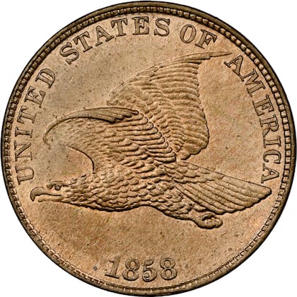 La moneda es identificada como Flying Eagle Cent de "Letras Grandes"