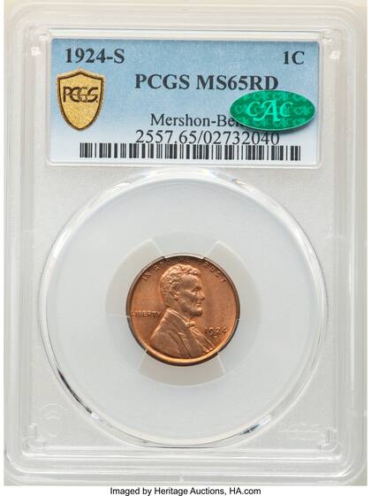 La moneda Lincoln de 1924 vendida en Heritage Auctions contaba con una puntuación de autentificación de MS65RD