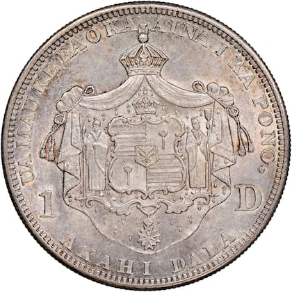 La moneda lleva el escudo de armas del Reino de Hawái