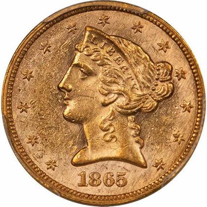 La moneda pertenece a la serie denominada como Liberty Head Half Eagle de 1865