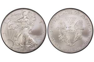 La moneda Silver Eagle de 2008 tiene una figura de la Estatua de la Libertad en su anverso y la imagen del águila heráldica en su reverso