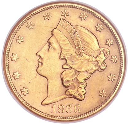 La moneda valiosa pertenece a la serie Liberty Double Eagles emitida en 1866