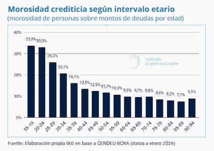 La morosidad crediticia entre jóvenes de 15 a 24 años llega al 33%, según datos del Instituto Argentina Grande en base a datos de enero del BCRA