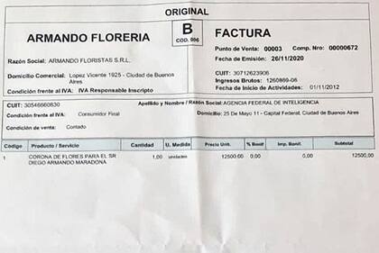 La factura de la ofrenda floral que envió la AFI para el velatorio de Diego Maradona 