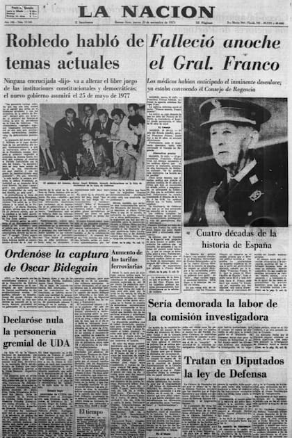 La muerte del generalísimo Franco ocupó la portada de La Nación como una noticia trascendente, pero no llegó a impactar en la sociedad